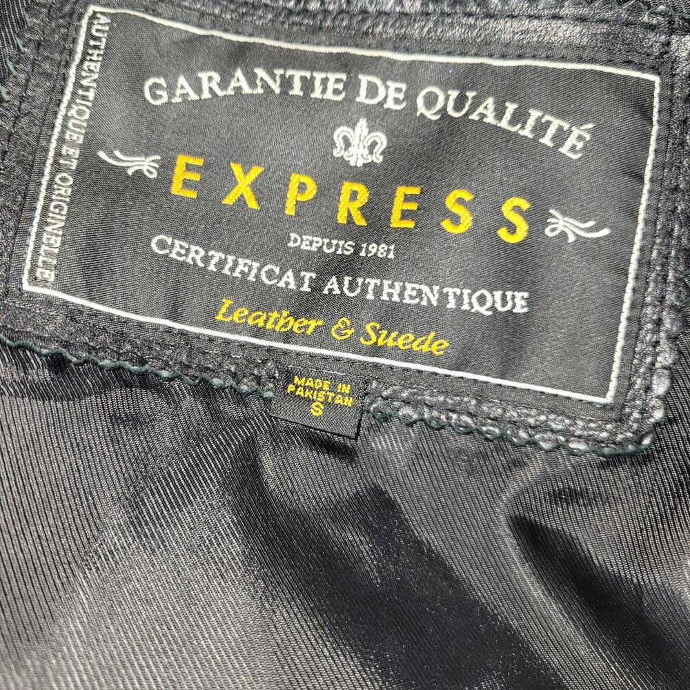 Express Garantie De Qualite Womens Sz Small Jacket Black Leather Coat Buttons - Picture 11 of 16